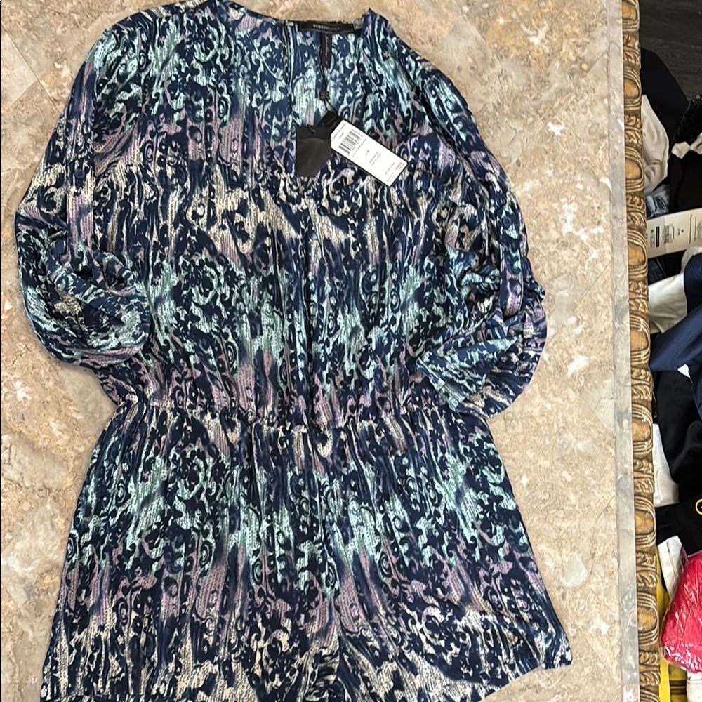 BCBGMaxAzria Blue and Purple Abstract Jumpsuit with Cinched Waist